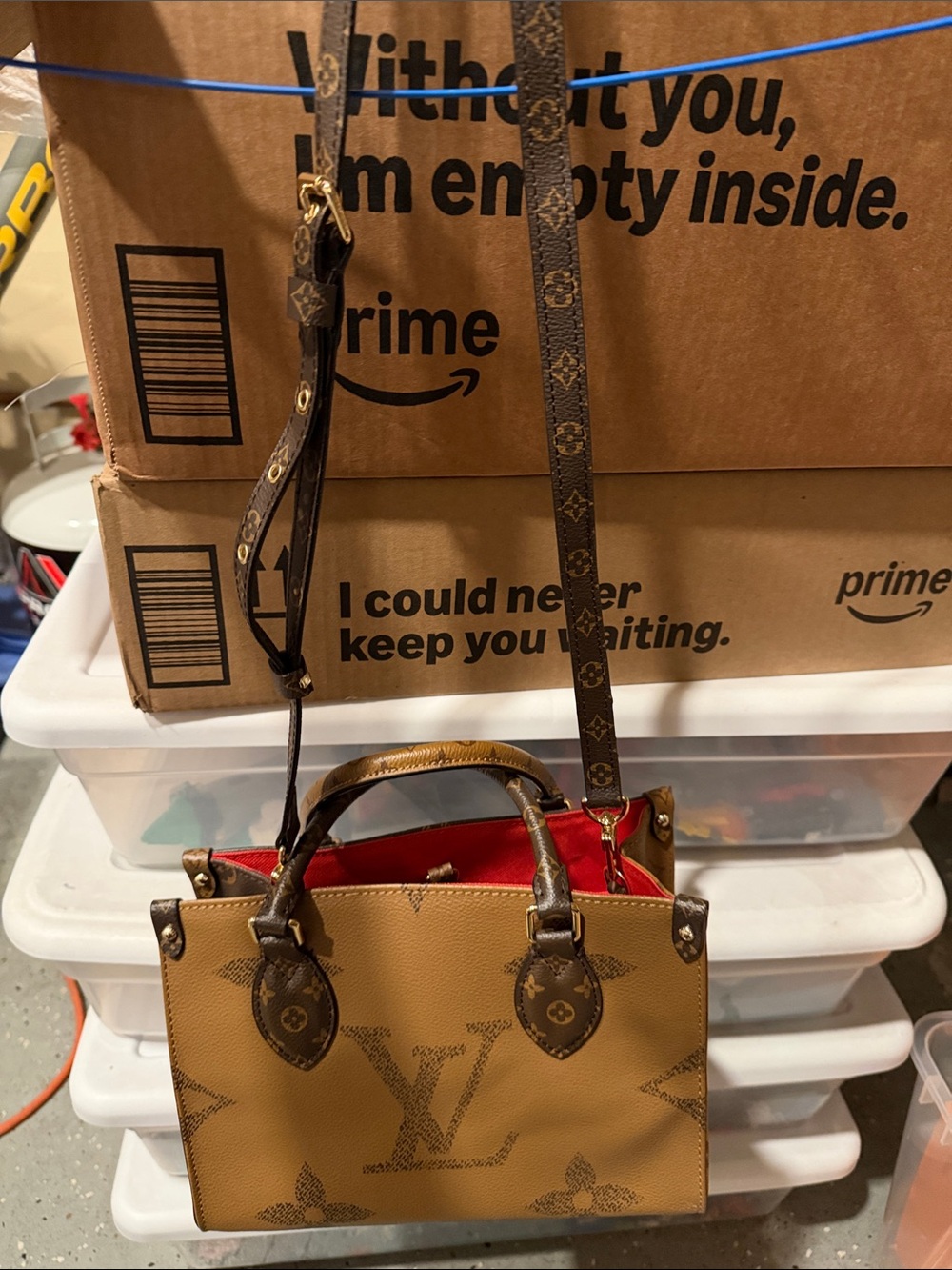 Tan Satchel with Red Interior and Monogram Accents